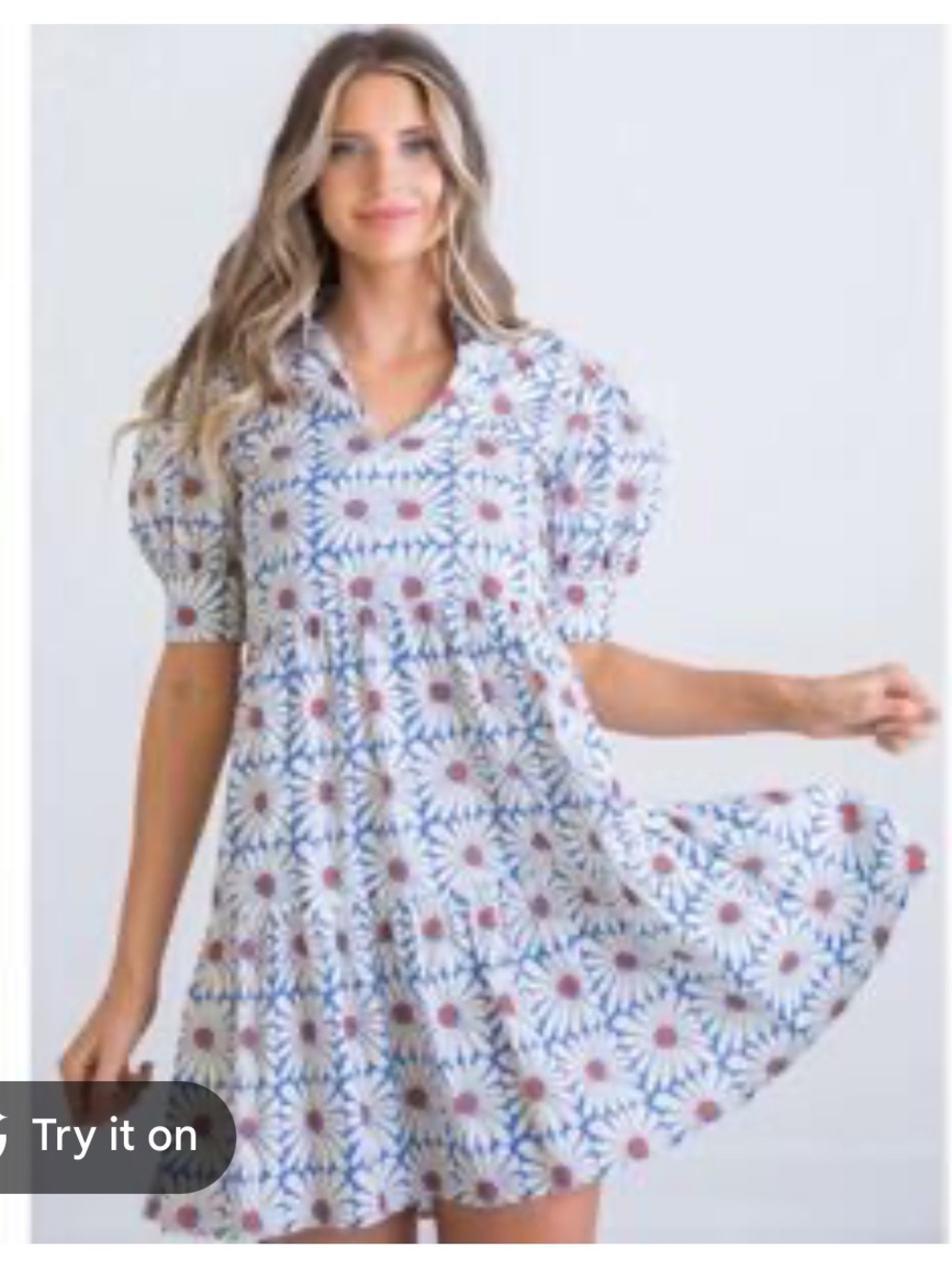 Karlie White Floral Babydoll Dress with Blue & Pink Daisy Print Size M